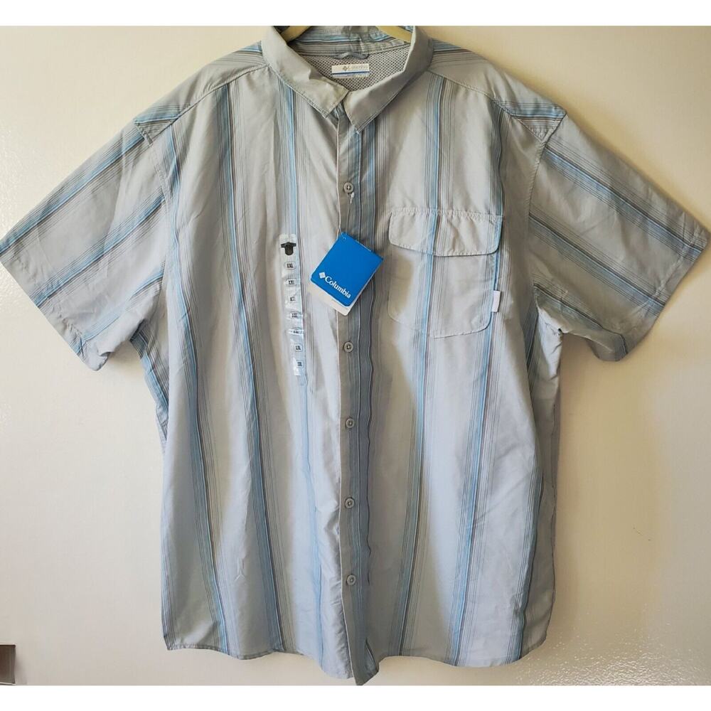 NWT Columbia Mens XXL Shirt Riga Wake 30 UPF Vented Short Sleeve White Blue